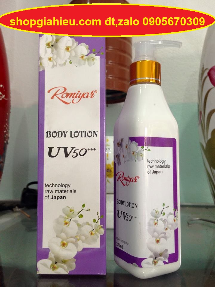 romiyar body  lotion uv 50 +++ kem dưỡng trắng da toàn thân chống nắng siêu trắng nhanh hộp màu tím 250ml  công ty dũng cường